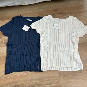Bundle of 2 NWT American Eagle Navy & Ivory Knit Short-Sleeve Henley Tops